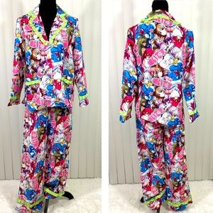 NGORDER Anime Print Pajama Set PJs Long Sleeve Shirt Wide Leg Pants Multicolor S